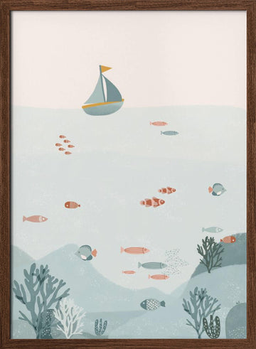 Whimsical Ocean Life | Poster - Walnut Frame Interior