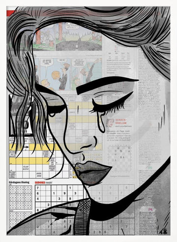 Melancholy Newspaper Woman | Poster - White Frame Interior