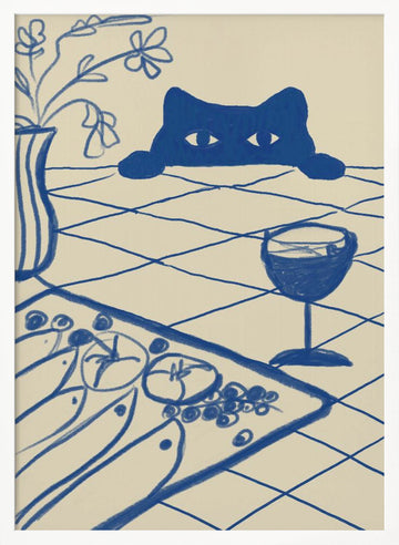 Curious Blue Cat Dinner | Poster - White Frame Interior