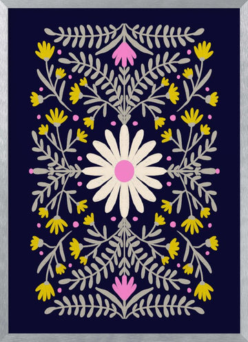 Folk Art Daisy Pattern | Poster - Silver Frame Interior