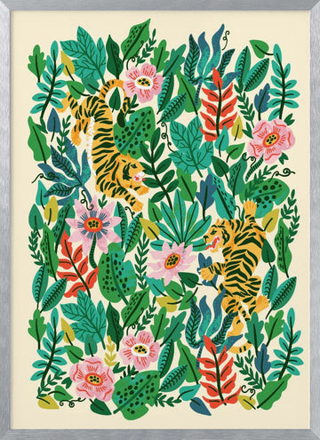 Playful Jungle Tigers | Poster - Silver Frame Interior