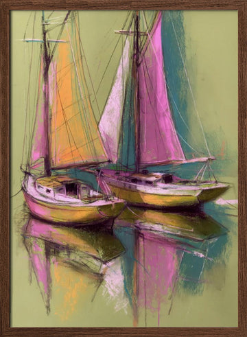 Colorful Sailboat Reflections | Poster - Walnut Frame Interior