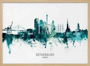 Gothenburg Watercolor Skyline | Poster - Wood Frame Interior