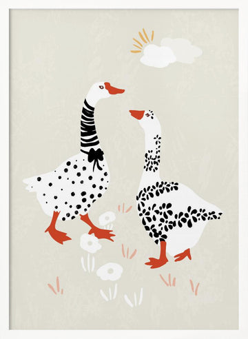 Charming Geese Stroll | Poster - White Frame Interior