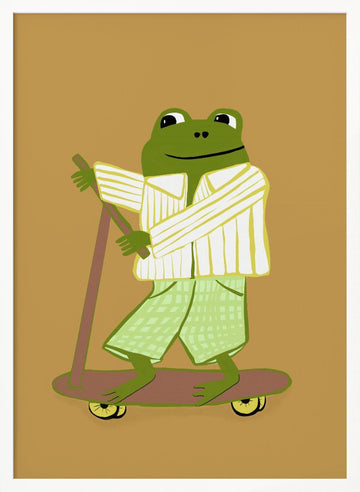 Frog On A Scooter | Poster - White Frame Interior
