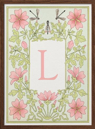 Pink Floral Letter L | Poster - Walnut Frame Interior