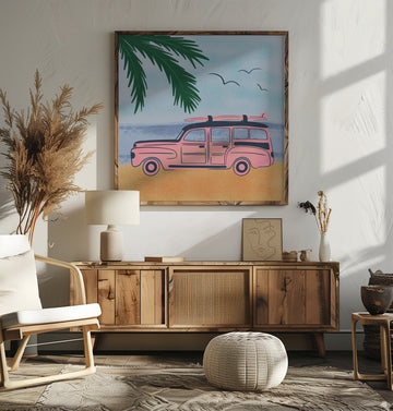 Pink Beach Surfer Car | Poster - Room Interior 2
