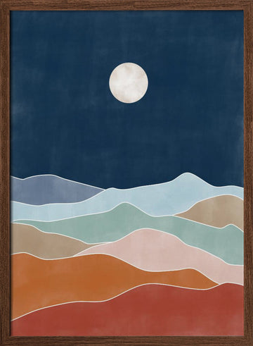 Layered Moonlit Mountains | Poster - Walnut Frame Interior