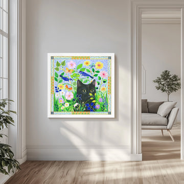Black Cat In Jewelled Garden | Canvas - Room Interior 1
