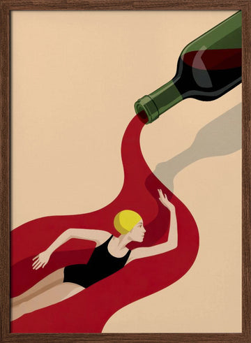 Red Wine Swimmer | Poster - Walnut Frame Interior