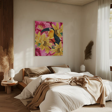 Vibrant Toucan and Flowers | Canvas - Room Interior 2