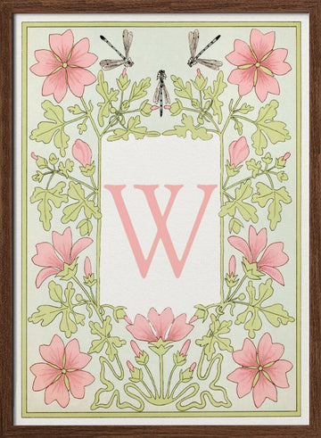 Pink Floral Letter W | Poster - Walnut Frame Interior