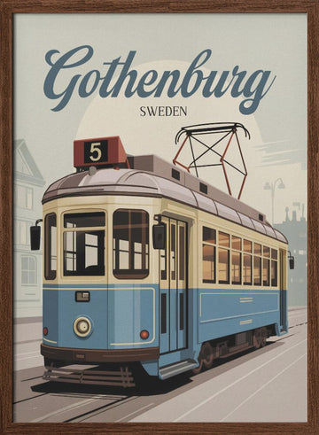 Gothenburg Vintage Tram | Poster - Walnut Frame Interior