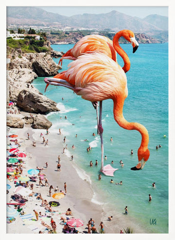 Surreal Beach Flamingos | Poster - White Frame Interior