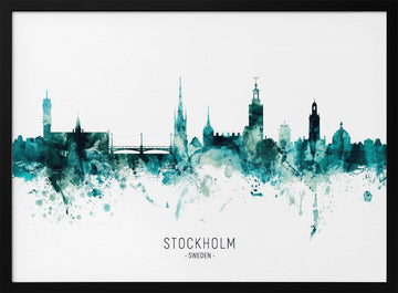 Stockholm Watercolor Skyline | Poster - Black Metal Frame Interior