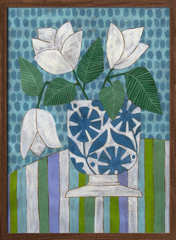 Fresh Blooms Blue Vase | Poster - Walnut Frame Interior