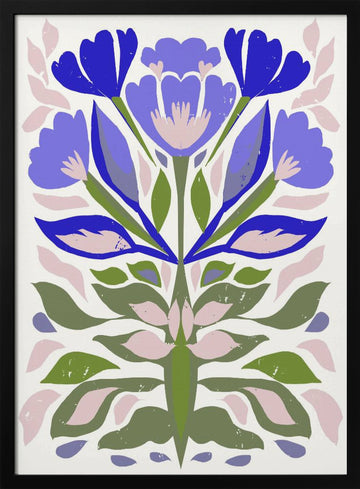 Blue Floral Folk Art | Poster - Black Metal Frame Interior