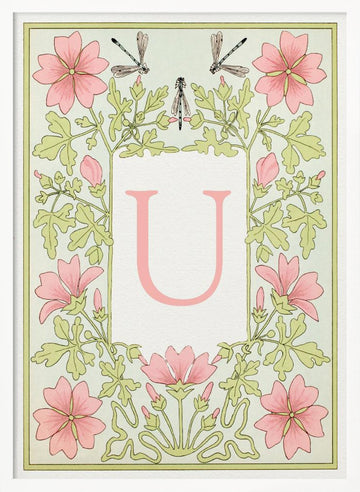 Pink Floral Letter U | Poster - White Frame Interior