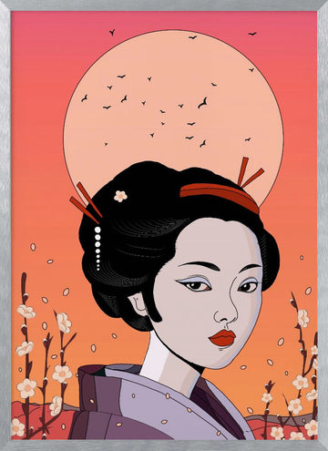 Geisha Moon Blossom | Poster - Silver Frame Interior
