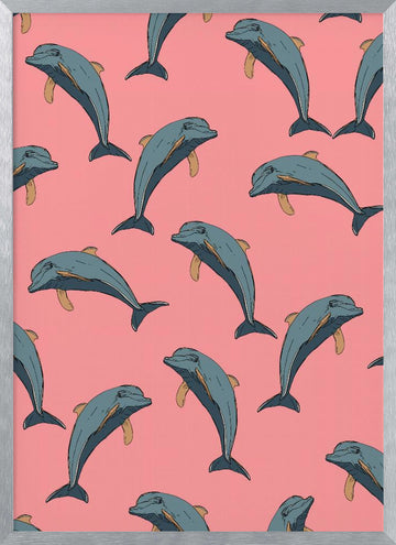 Playful Pink Dolphins | Poster - Silver Frame Interior