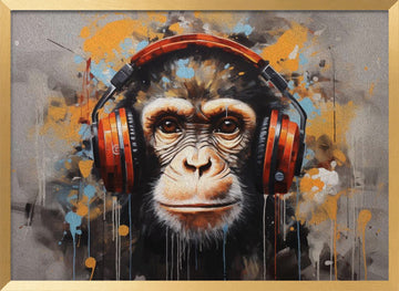 Chimpanzee with Headphones | Poster - Gold Frame Interior