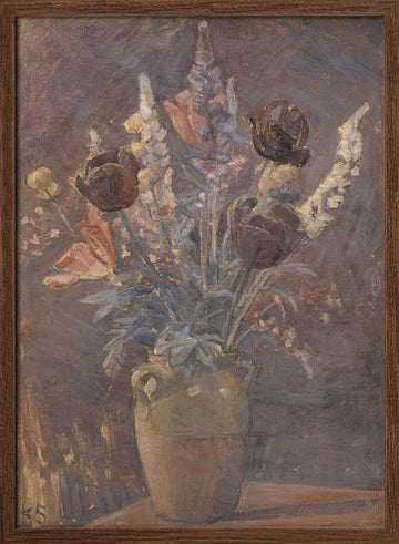 Clay Vase With Tulips and Other Flowers By Karl Schou | Poster - Walnut Frame Interior