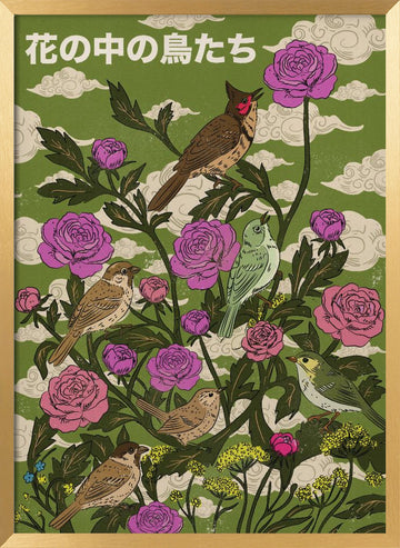 Garden Birds And Roses | Poster - Gold Frame Interior
