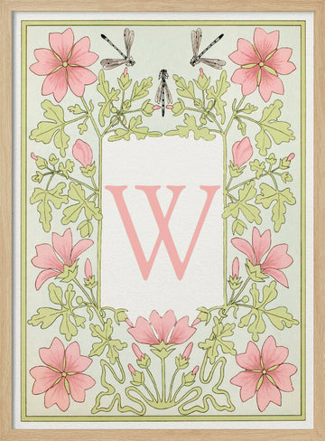 Pink Floral Letter W | Poster - Wood Frame Interior