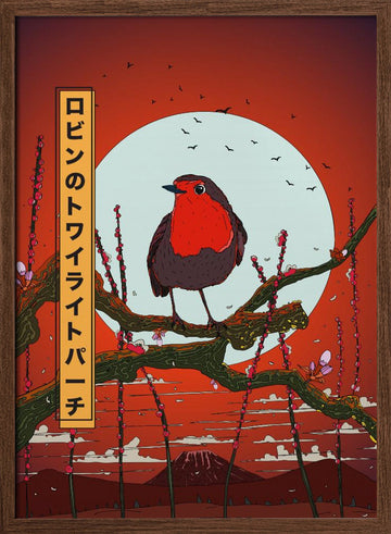 Twilight Robin Perch | Poster - Walnut Frame Interior