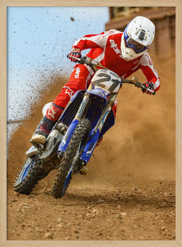 Motocross Rider Kicking Dust | Poster - Wood Frame Interior