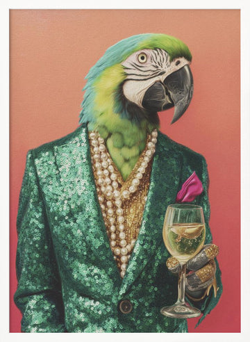 Dapper Parrot with Wine | Poster - White Frame Interior
