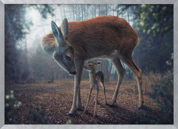 Mother Deer and Fawn | Poster - Silver Frame Interior