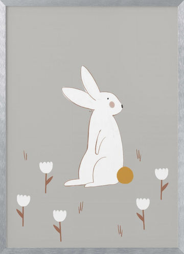 White Bunny Among Flowers | Poster - Silver Frame Interior