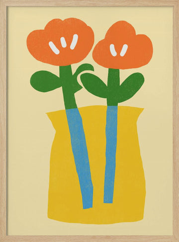 Two Stylized Orange Flowers | Poster - Wood Frame Interior