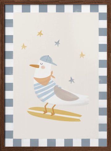 Happy Surfing Seagull | Poster - Walnut Frame Interior