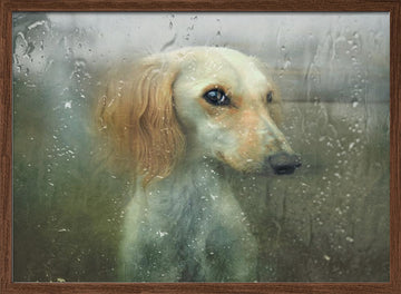 Pensive Dog Rainy Window | Poster - Walnut Frame Interior