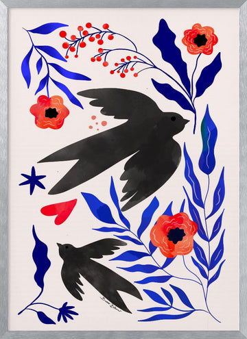 Black Swallows Blue Botanicals | Poster - Silver Frame Interior