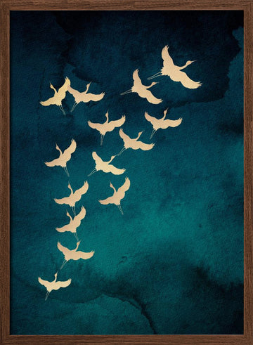 Graceful Golden Cranes | Poster - Walnut Frame Interior