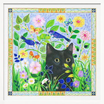Black Cat In Jewelled Garden | Poster - White Frame Interior
