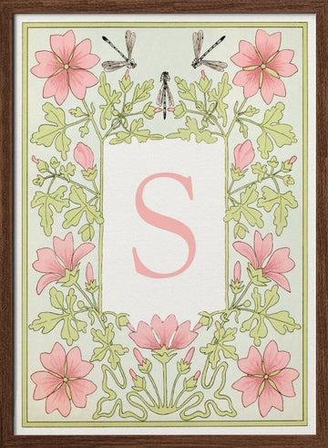Pink Floral Monogram S | Poster - Walnut Frame Interior