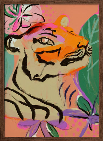 Vibrant Tiger Bloom | Poster - Walnut Frame Interior