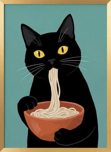 Black Cat Eating Noodles | Poster - Gold Frame Interior