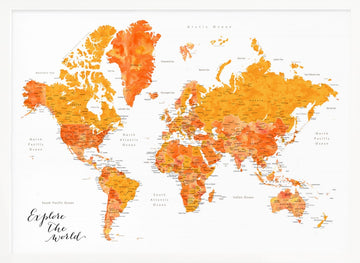 Orange Watercolor World Map | Poster - White Frame Interior