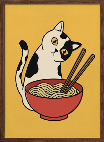 Curious Cat Ramen | Poster - Walnut Frame Interior