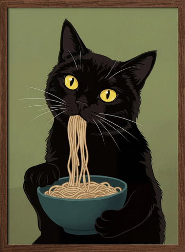 Black Cat Noodle Feast | Poster - Walnut Frame Interior
