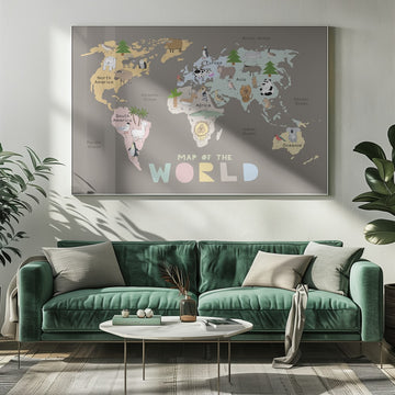 World Map with Cute Animals | Poster - Room Interior 1