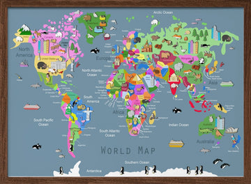 Colorful World Animal Map | Poster - Walnut Frame Interior
