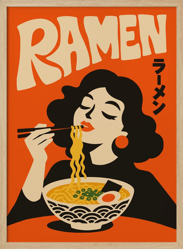 Woman Eating Ramen | Poster - Wood Frame Interior