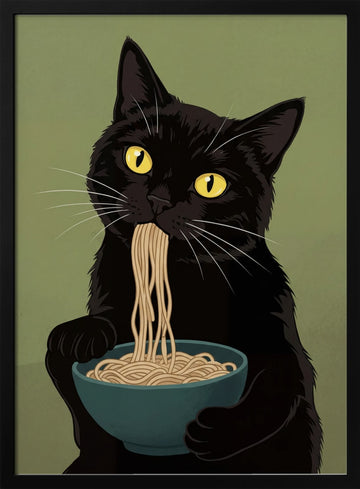 Black Cat Noodle Feast | Poster - Black Metal Frame Interior