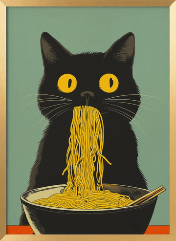 Black Cat Noodle Feast | Poster - Gold Frame Interior